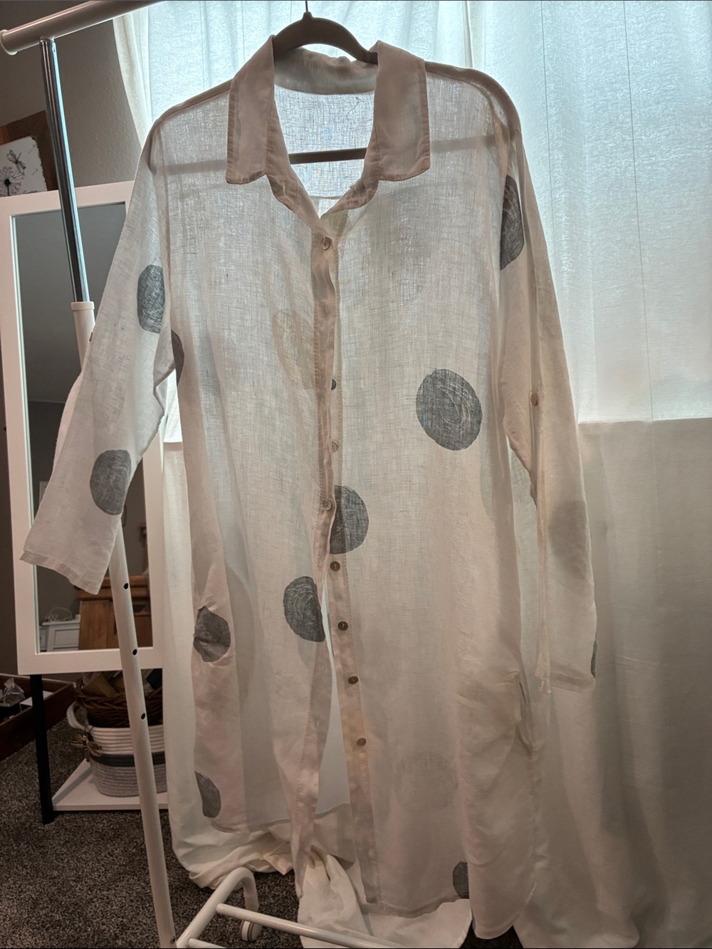 Lightweight womans White Button-Up Shirt with Gray Dot Pattern